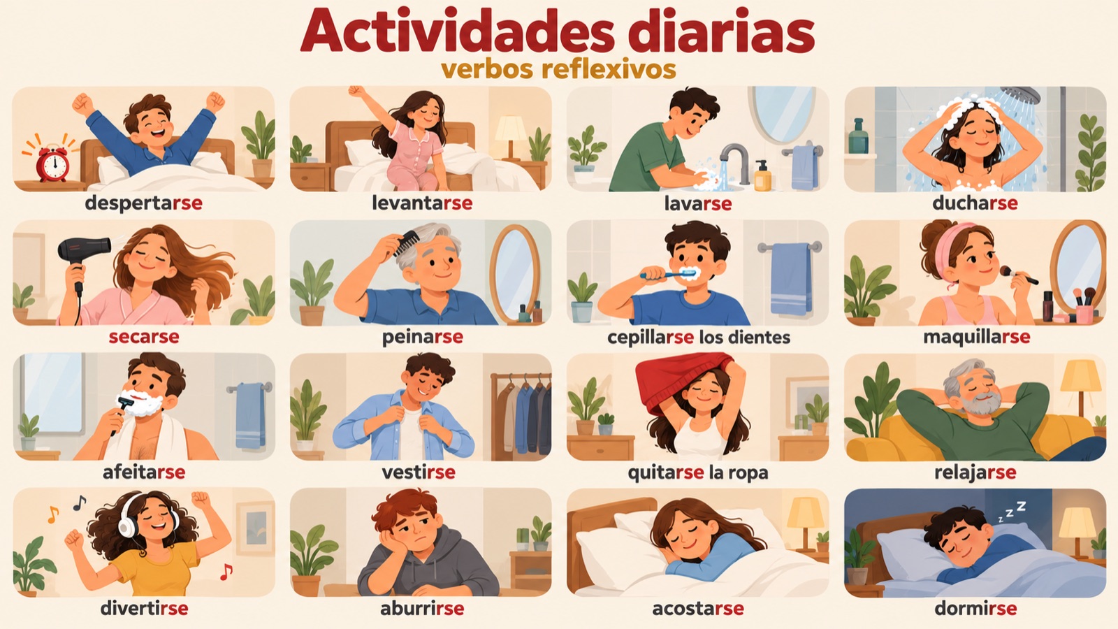 Actividades diarias: zestien wederkerende werkwoorden met een plaatje, van despertarse en levantarse tot acostarse en dormirse