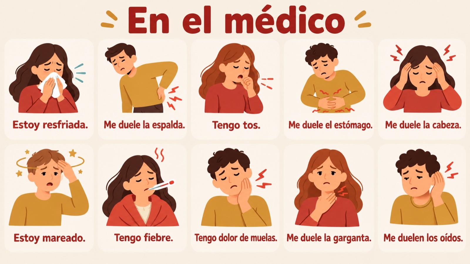En el médico: tien klachten in het Spaans, zoals Me duele la cabeza en Tengo fiebre