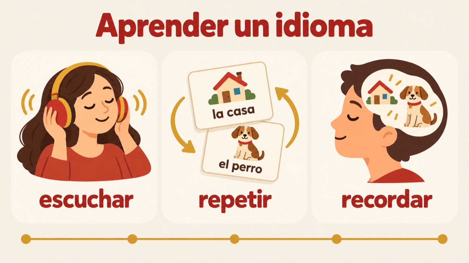 Aprender un idioma: escuchar, repetir en recordar, met een koptelefoon, flashcards en een hoofd dat het beeld onthoudt