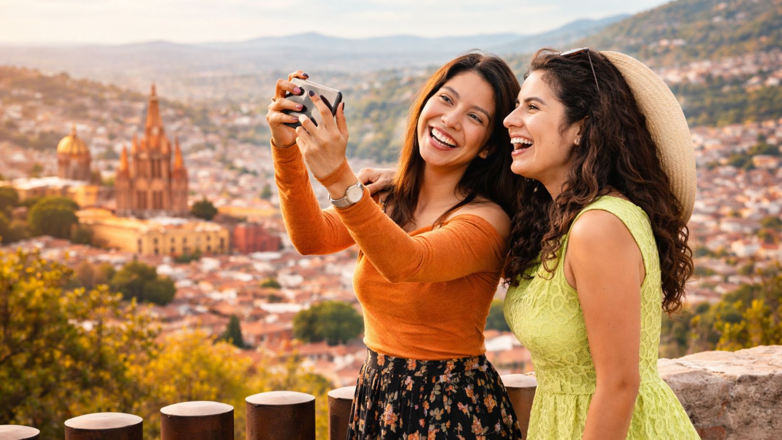 Twee lachende vriendinnen maken een selfie op een uitkijkpunt boven een zonnige stad met een kathedraal
