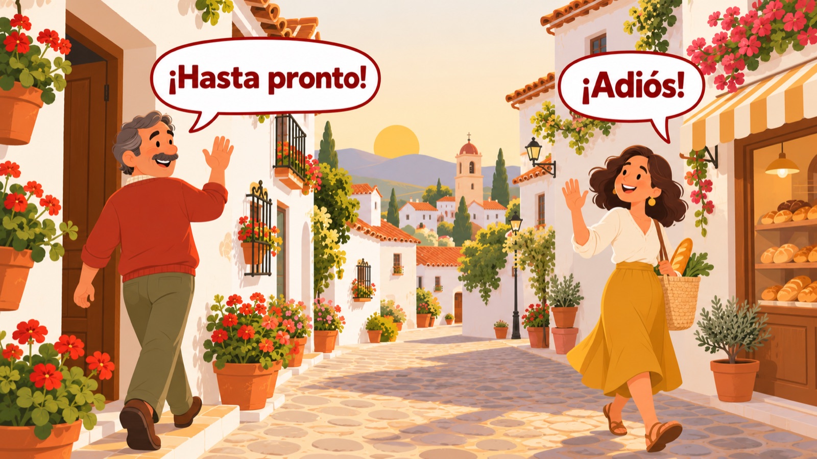 ¡Hasta pronto! ¡Adiós! Dezelfde twee buren nemen afscheid en lopen zwaaiend uit elkaar