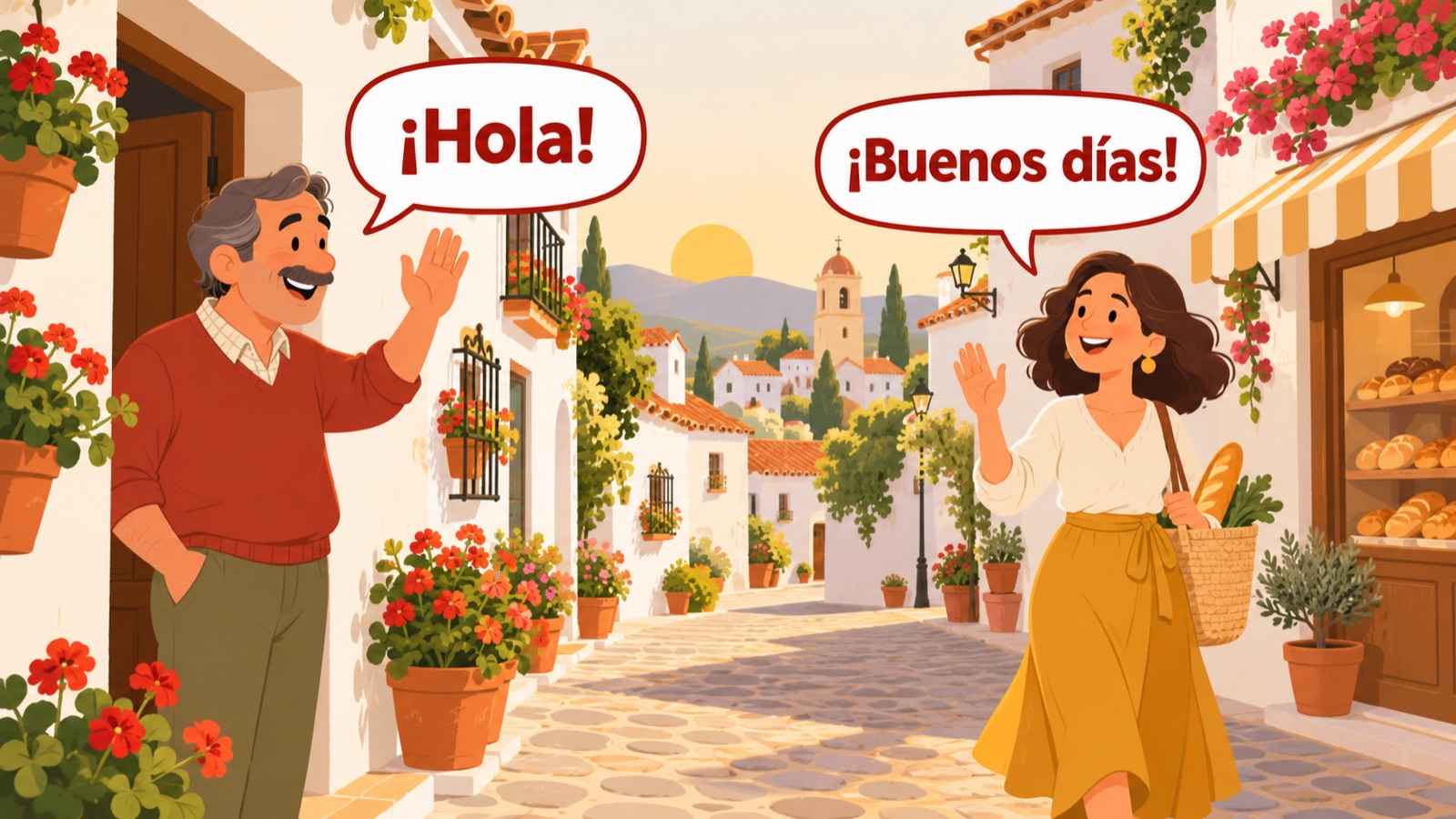 ¡Hola! ¡Buenos días! Twee buren groeten elkaar op een zonnige ochtend in een Spaanse straat