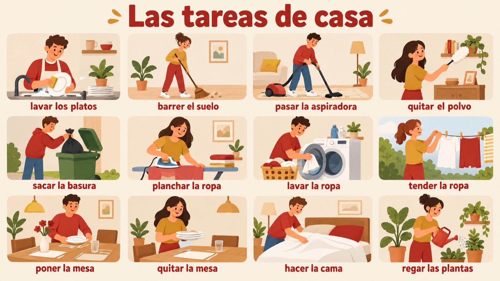 Las tareas de casa: twaalf huishoudelijke taken, zoals lavar los platos en hacer la cama