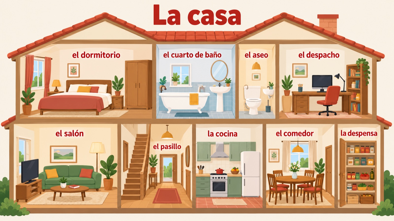 La casa: doorsnede van een Spaans huis met de namen van alle kamers, zoals el salón, la cocina en el dormitorio