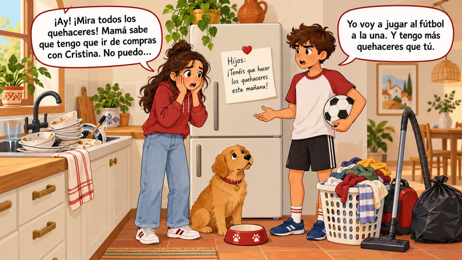 Los quehaceres: Anita en Juanito lezen een briefje van hun moeder met klusjes en hebben allebei een reden om er niet aan te beginnen