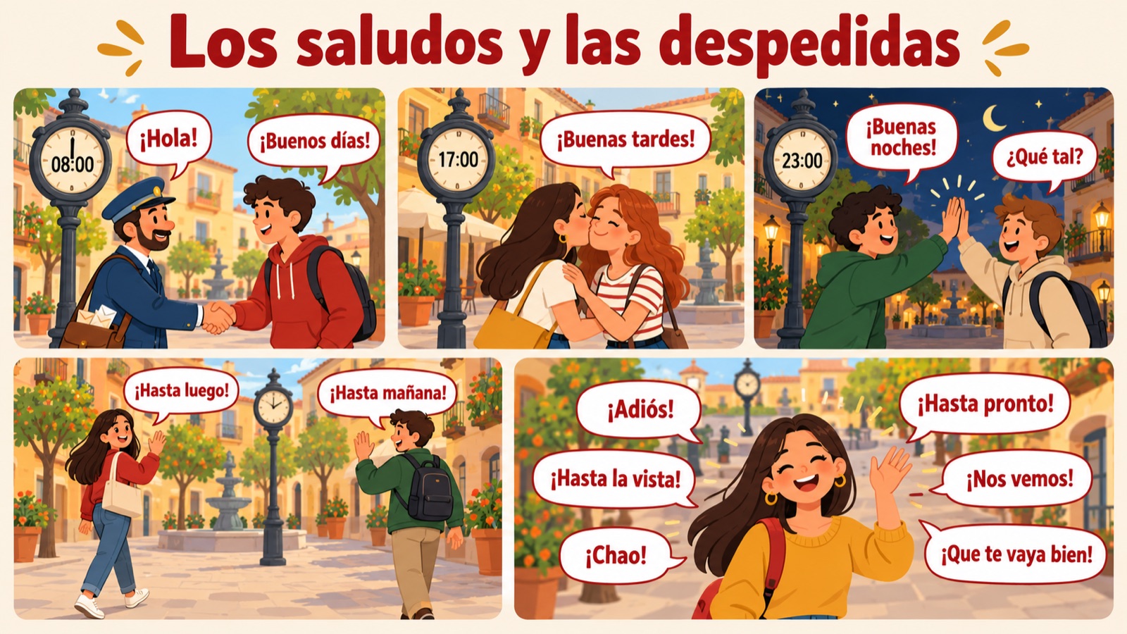 Los saludos y las despedidas: een strip met Spaanse begroetingen op verschillende tijden van de dag en manieren om afscheid te nemen