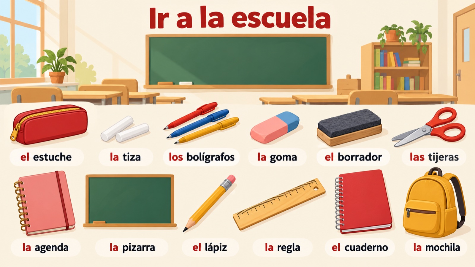Ir a la escuela: twaalf schoolspullen in het Spaans, zoals el lápiz, la regla en la mochila