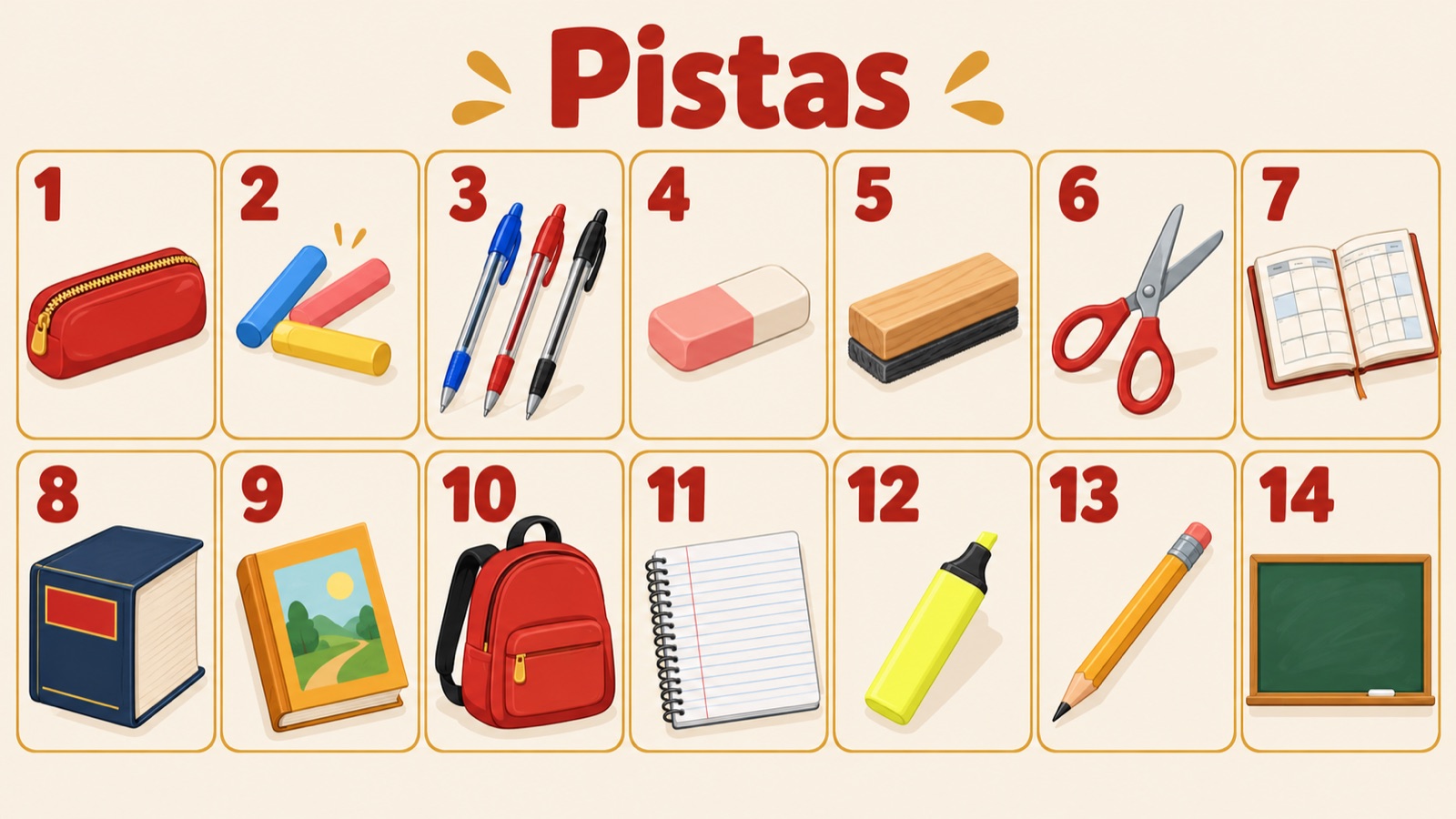 Pistas: veertien genummerde plaatjes van schoolspullen als hint bij de kruiswoordpuzzel, van het etui tot het schoolbord