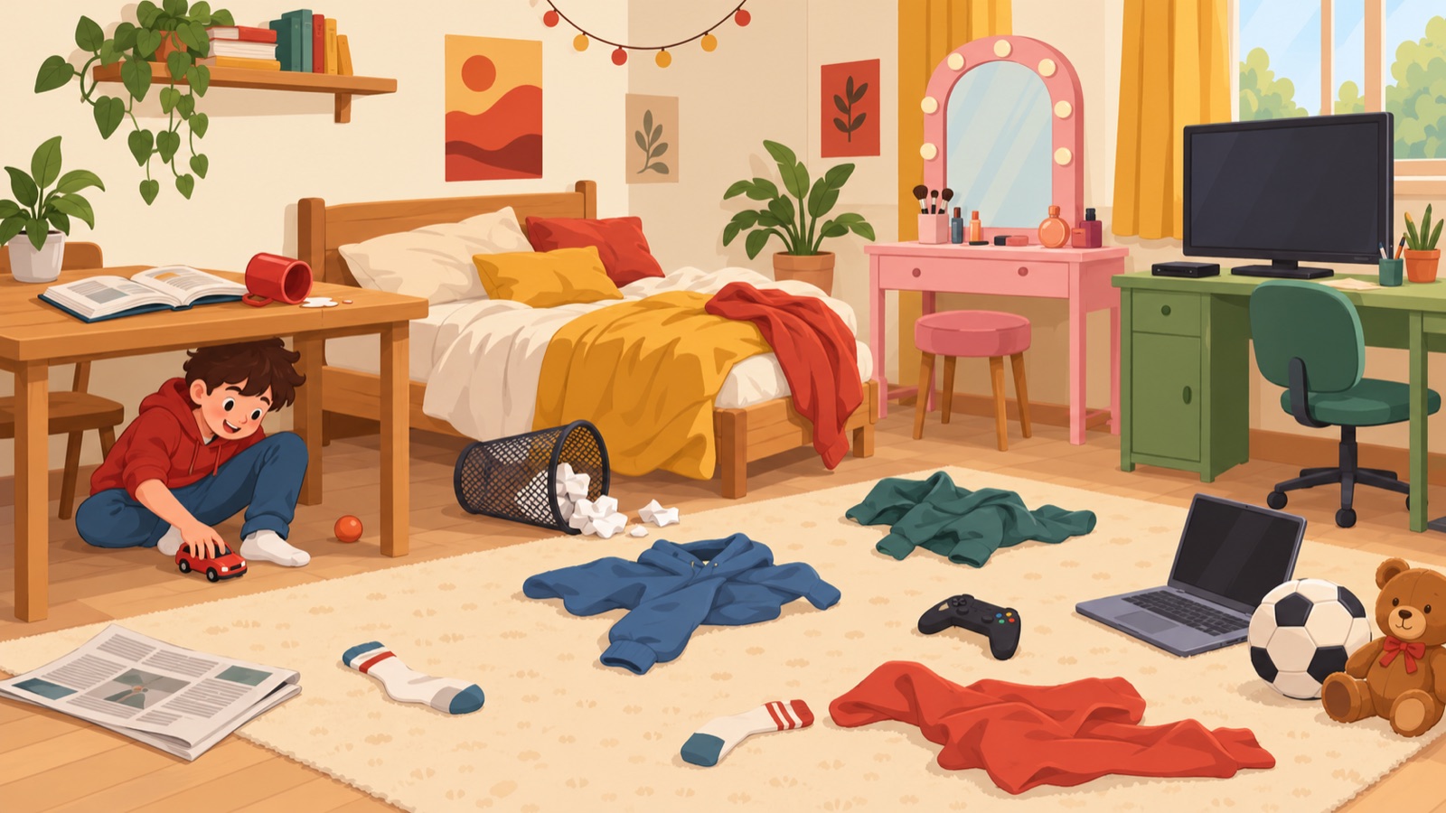 Een rommelige kamer met een tafel, een bed, een kaptafel en een bureau en veel spullen op de vloer, bij een oefening met plaatsbepalingen