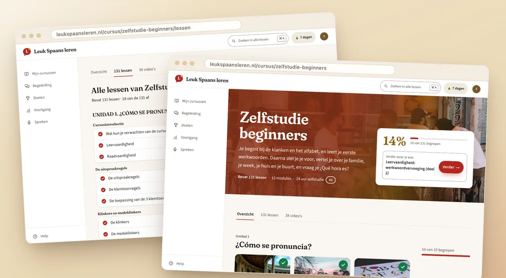De lessenlijst en de cursuspagina van Zelfstudie beginners naast elkaar