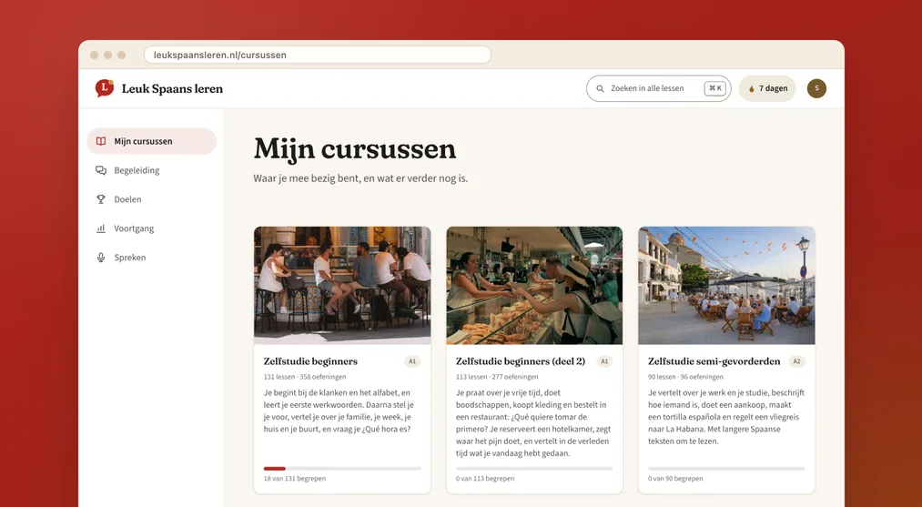 Mijn cursussen in Leuk Spaans leren, met per cursus een voortgangsbalk