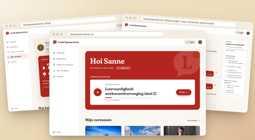 De leeromgeving van Leuk Spaans leren: startpagina, voortgang en een les