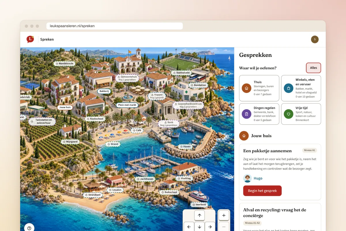 De spreektool van Leuk Spaans leren: een Spaans dorp op de kaart met gesprekken per plek