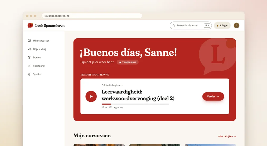 De startpagina van Leuk Spaans leren na het inloggen, met verder waar je was