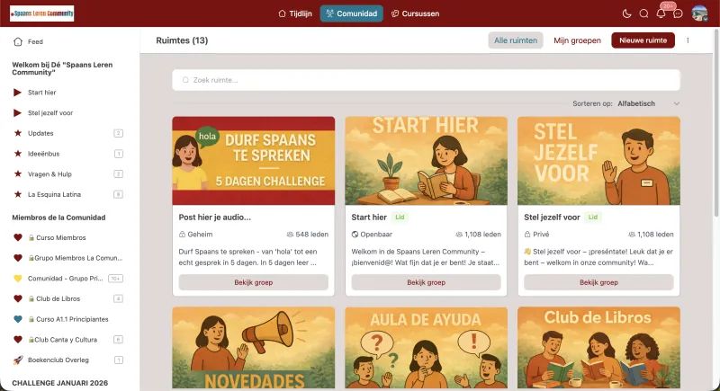 Schermafbeelding van de Spaans leren Community met de ruimtes, zoals de 5 dagen challenge en Club de Libros
